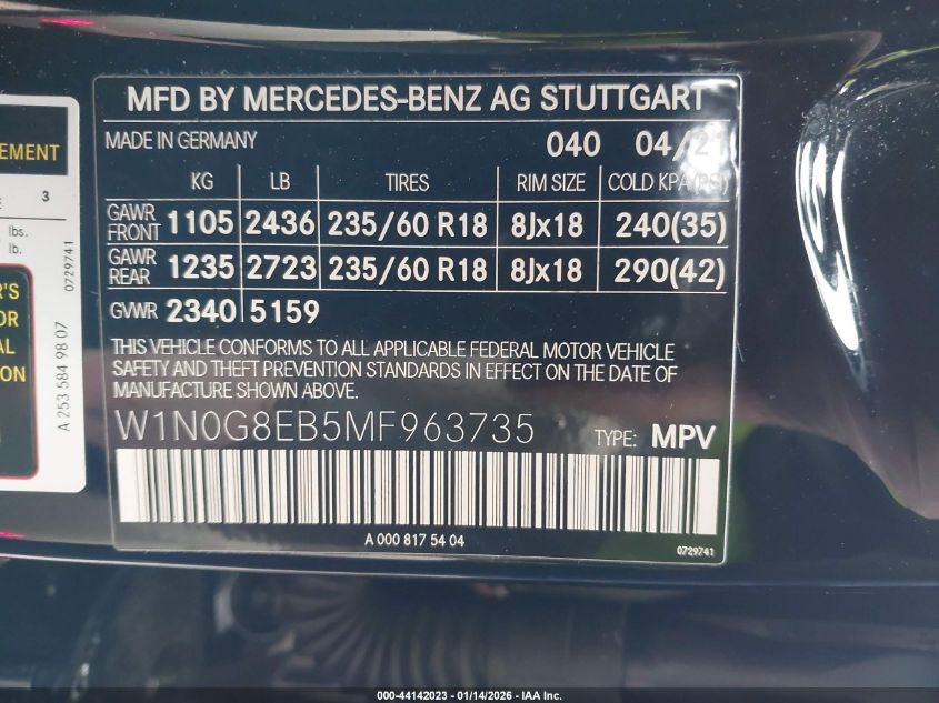 Auction sale of the 2021 MERCEDES BENZ GLC 300 , vin: W1N0G8EB5MF963735, lot number: 44142023