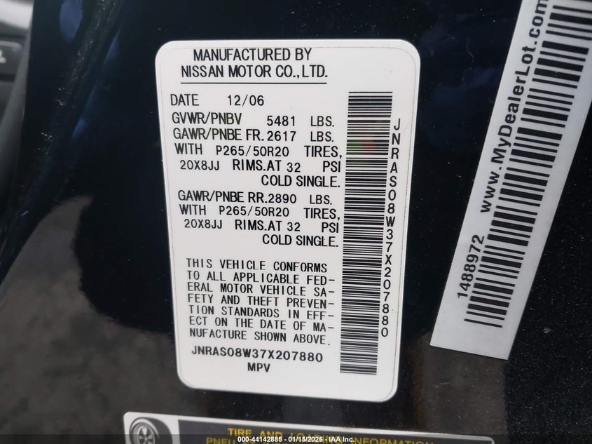 2007 Infiniti Fx35 VIN: JNRAS08W37X207880 Lot: 44142885