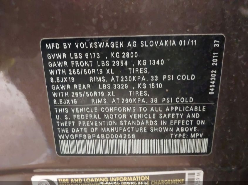 2011 Volkswagen Touareg Vr6 Lux VIN: WVGFF9BP4BD004258 Lot: 44143310