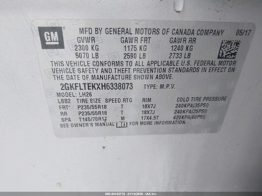 2017 GMC Terrain Sle-2 VIN: 2GKFLTEKXH6338073 Lot: 44143715