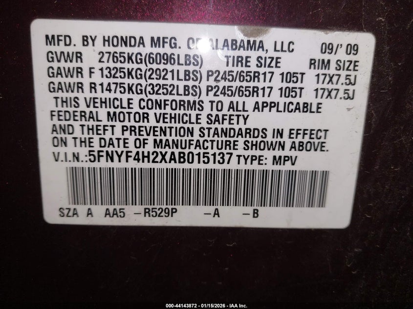 2010 Honda Pilot Lx VIN: 5FNYF4H2XAB015137 Lot: 44143872