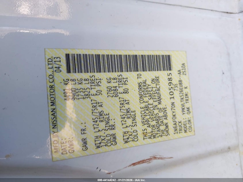 2013 Nissan Nv Cargo Nv3500 Hd Sv V8 VIN: 1N6AF0KY7DN105985 Lot: 44144242