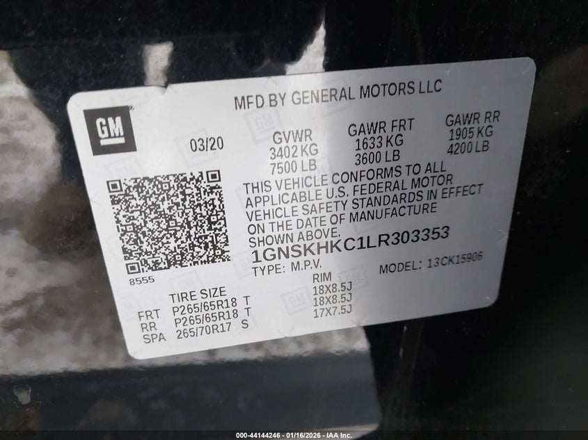 2020 Chevrolet Suburban 4Wd Lt VIN: 1GNSKHKC1LR303353 Lot: 44144246