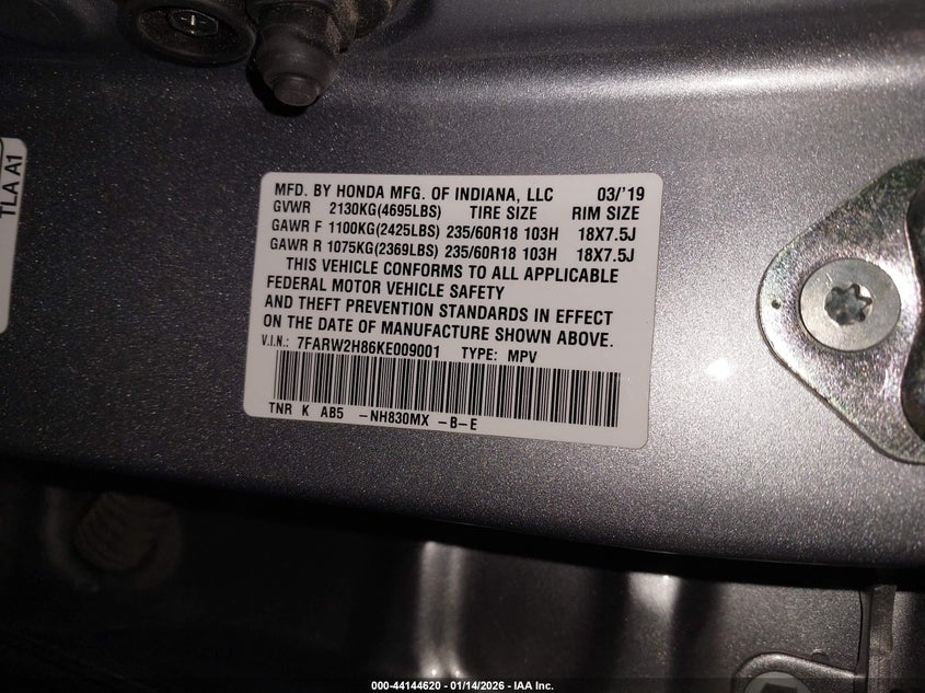 2019 Honda Cr-V Ex-L VIN: 7FARW2H86KE009001 Lot: 44144620