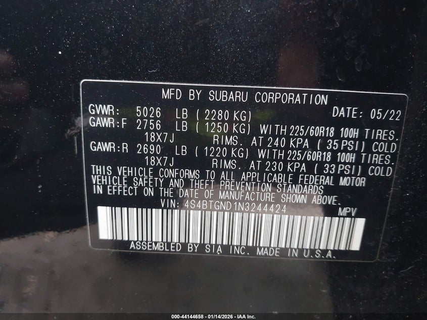 2022 Subaru Outback Limited Xt VIN: 4S4BTGND1N3244424 Lot: 44144658