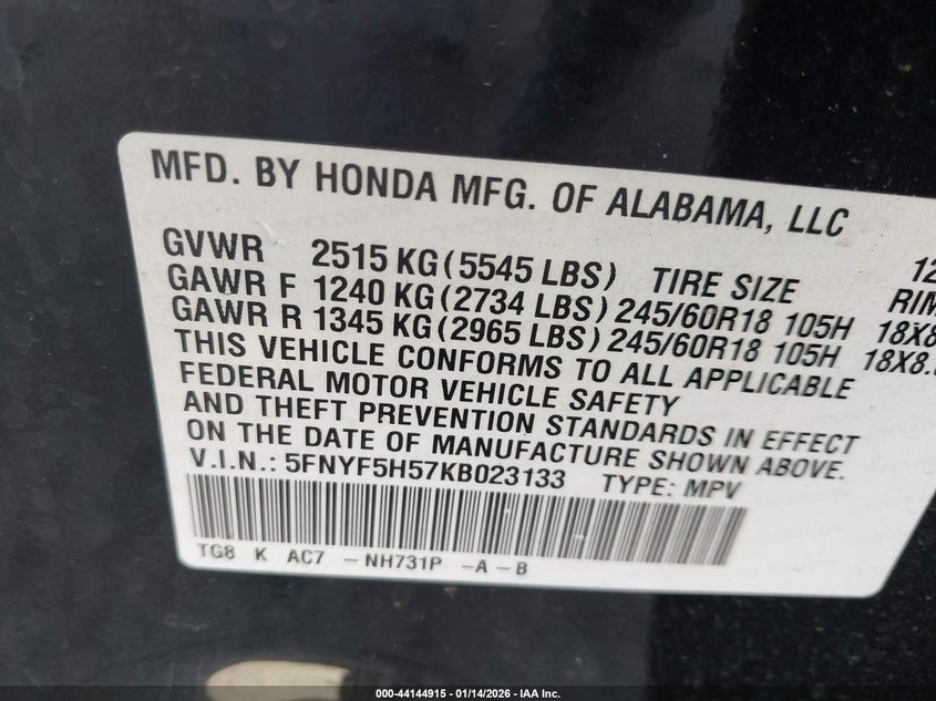 VIN 5FNYF5H57KB023133 2019 HONDA PILOT EX-L