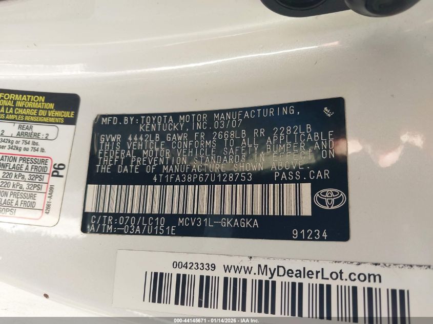 2007 Toyota Camry Solara Sle VIN: 4T1FA38P67U128753 Lot: 44145671