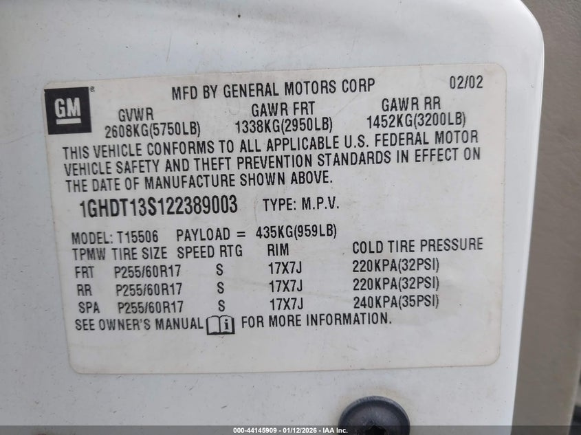 2002 Oldsmobile Bravada VIN: 1GHDT13S122389003 Lot: 44145909