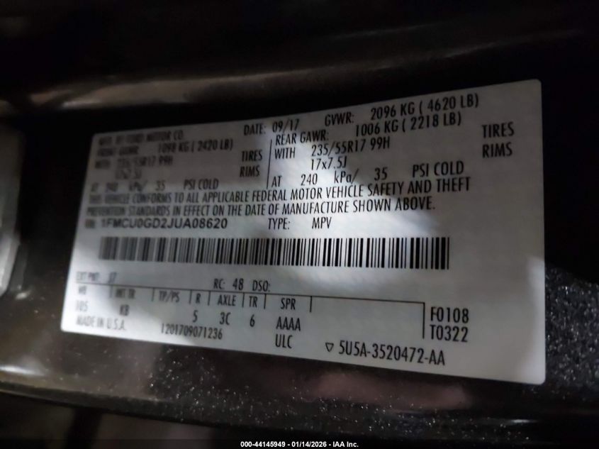 2018 Ford Escape Se VIN: 1FMCU0GD2JUA08620 Lot: 44145949