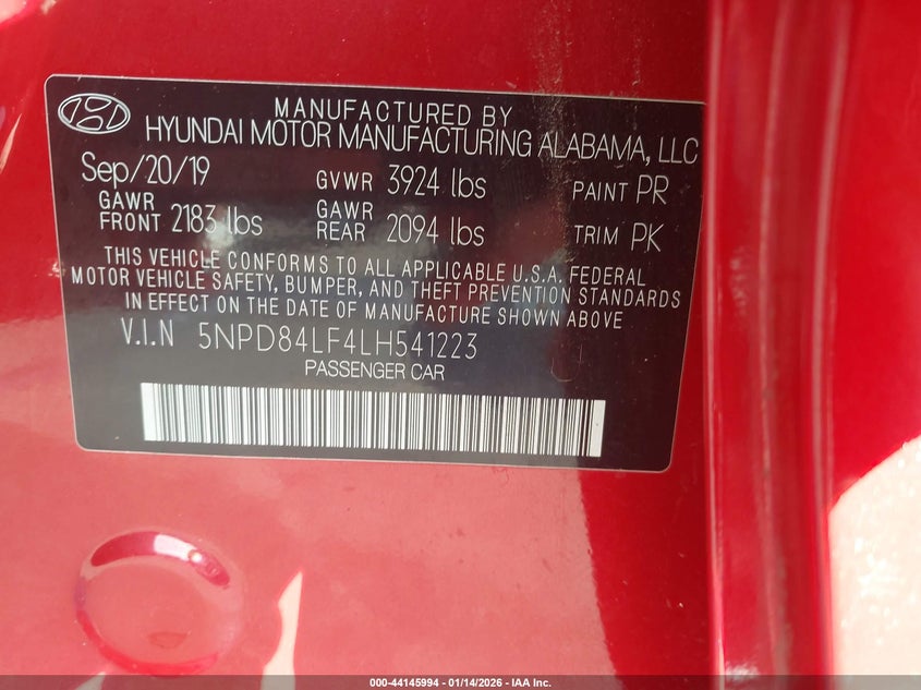 VIN 5NPD84LF4LH541223 2020 HYUNDAI ELANTRA LIMITED