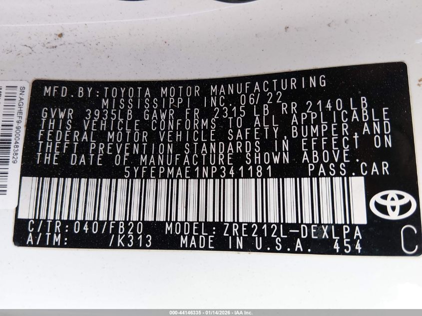 2022 Toyota Corolla Le VIN: 5YFEPMAE1NP341181 Lot: 44146335