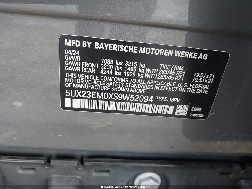 2025 BMW X7 xDrive40I VIN: 5UX23EM0XS9W52094 Lot: 44146423