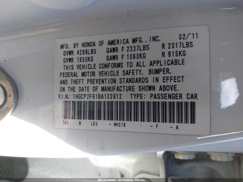 2011 Honda Accord 2.4 Se VIN: 1HGCP2F61BA102812 Lot: 44146464