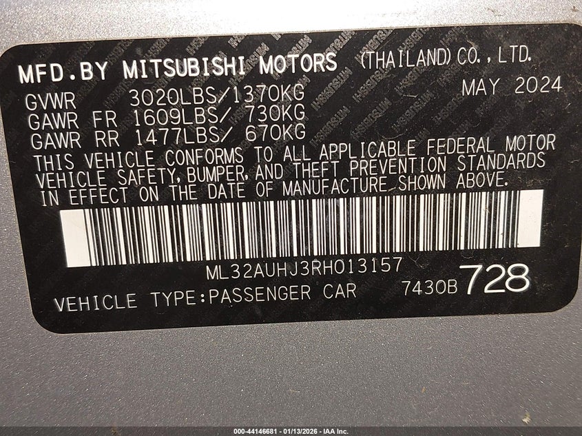 VIN ML32AUHJ3RH013157 2024 MITSUBISHI MIRAGE ES/LE
