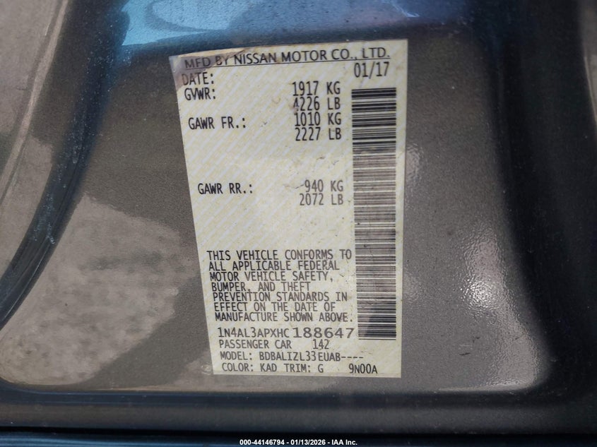 VIN 1N4AL3APXHC188647 2017 NISSAN ALTIMA 2.5 SV