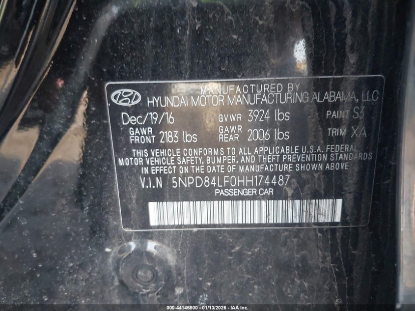 VIN 5NPD84LF0HH174487 2017 HYUNDAI ELANTRA SE