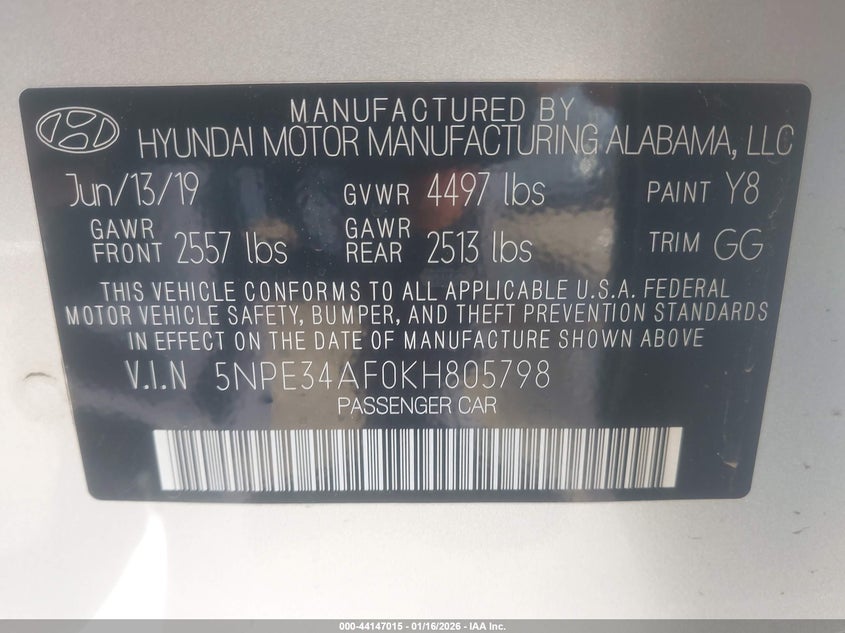 VIN 5NPE34AF0KH805798 2019 HYUNDAI SONATA SEL