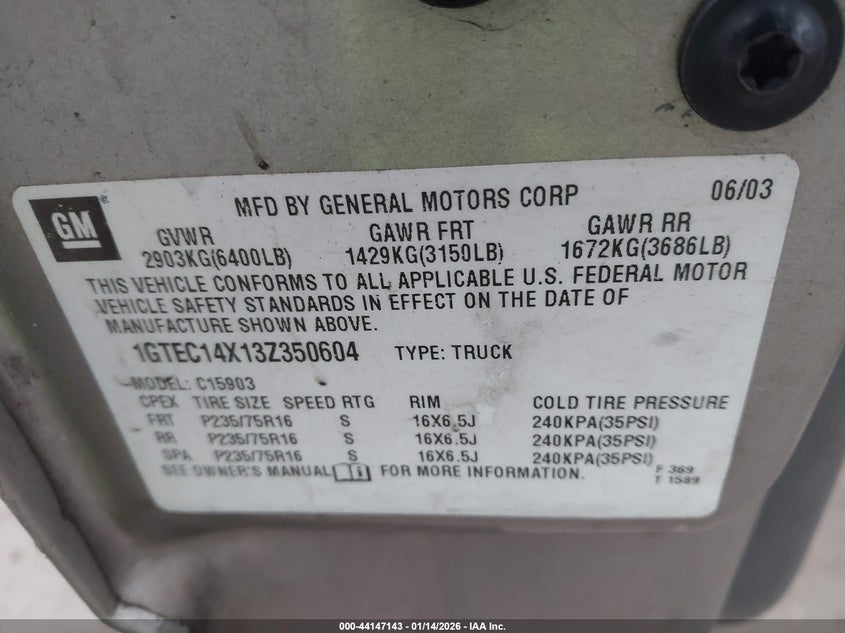 2003 GMC SIERRA TRUCK 4.3L V-6 200HP