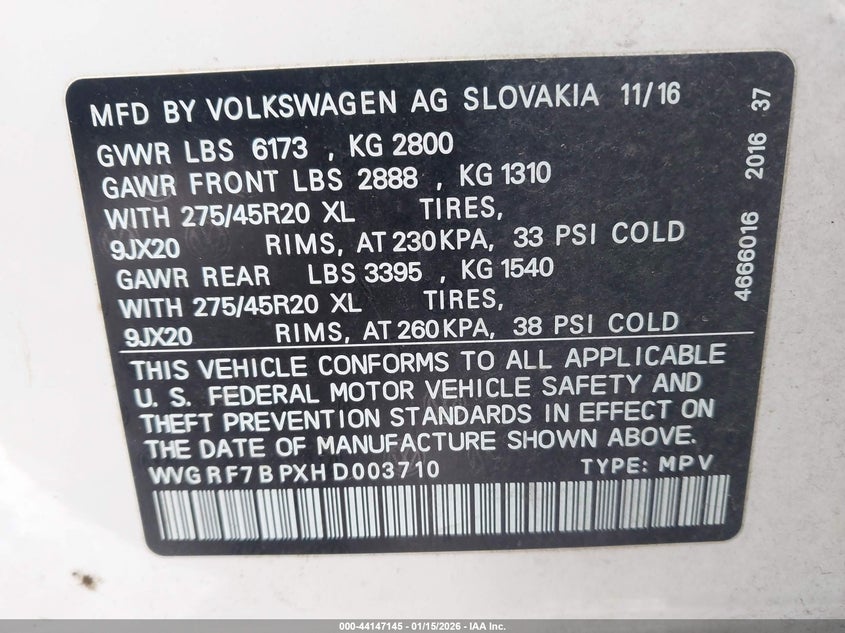 2017 Volkswagen Touareg V6 Wolfsburg Edition VIN: WVGRF7BPXHD003710 Lot: 44147145
