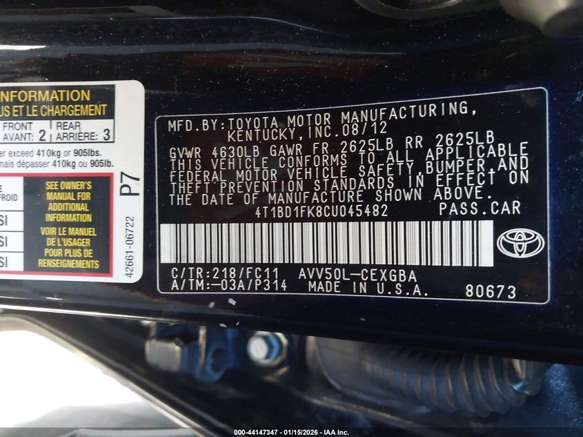 2012 Toyota Camry Hybrid Xle VIN: 4T1BD1FK8CU045482 Lot: 44147347