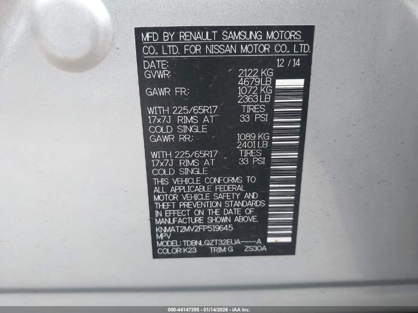 2015 Nissan Rogue Sv VIN: KNMAT2MV2FP519645 Lot: 44147395