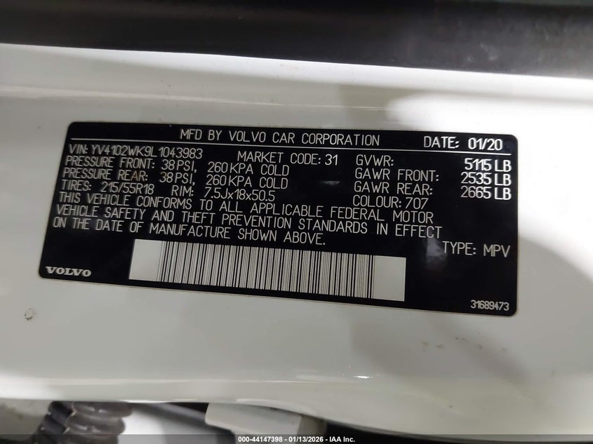 2020 Volvo V60 Cross Country T5 VIN: YV4102WK9L1043983 Lot: 44147398