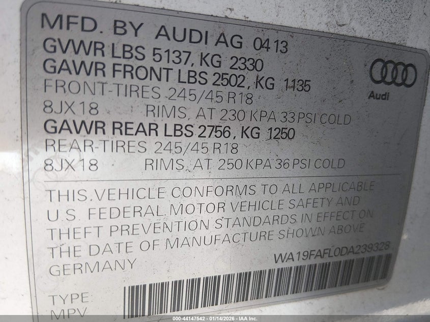 2013 Audi Allroad 2.0T Premium VIN: WA19FAFL0DA239328 Lot: 44147542