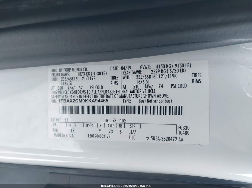 VIN 1FBAX2CM9KKA94465 2019 FORD TRANSIT-350 XLT