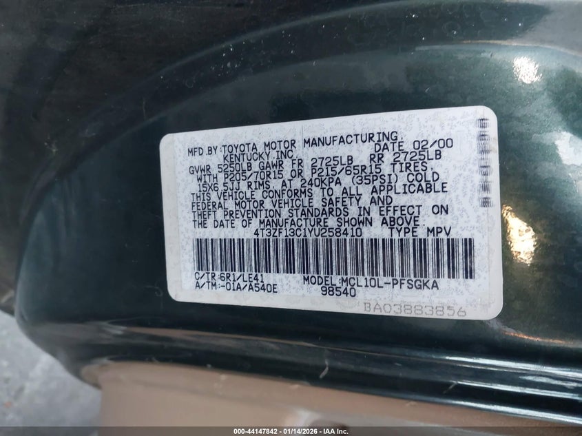 2000 Toyota Sienna Xle VIN: 4T3ZF13C1YU258410 Lot: 44147842