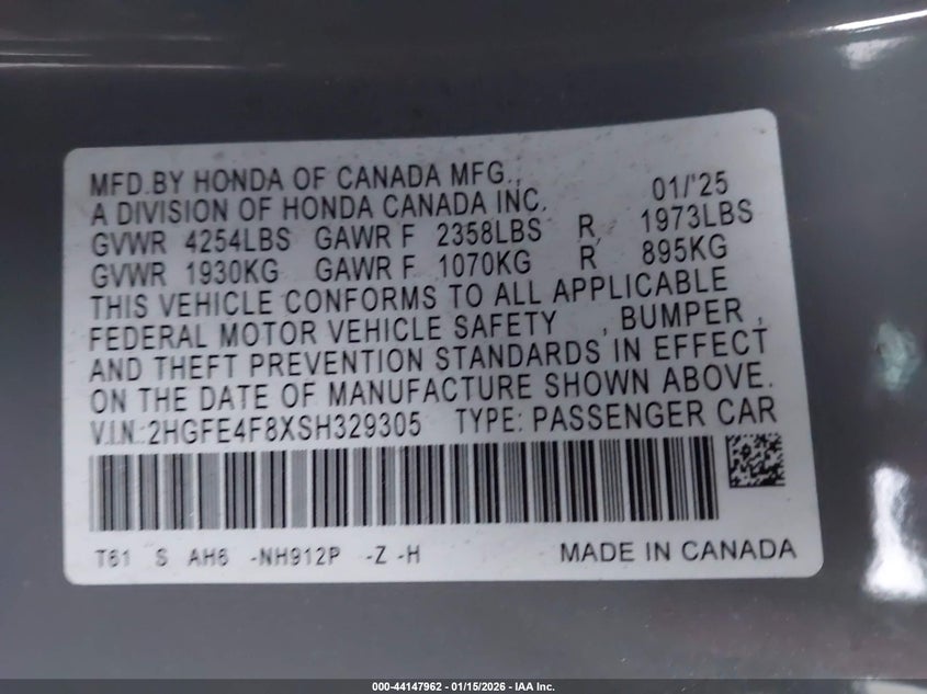 2025 HONDA CIVIC SEDAN | 2HGFE4F8XSH329305 | Bid Export