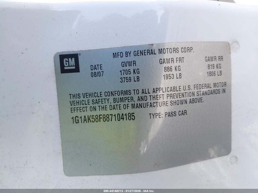 2008 Chevrolet Cobalt Ls VIN: 1G1AK58F887104185 Lot: 44148213