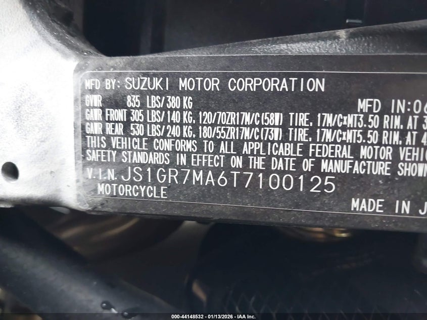 2026 Suzuki Gsx-R750 VIN: JS1GR7MA6T7100125 Lot: 44148532