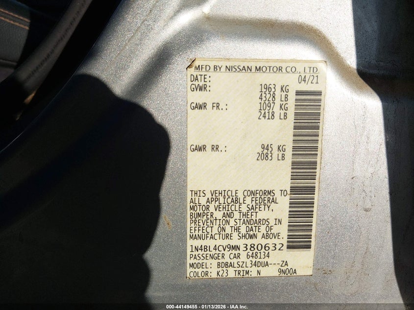 2021 Nissan Altima Sr Fwd VIN: 1N4BL4CV9MN380632 Lot: 44149455