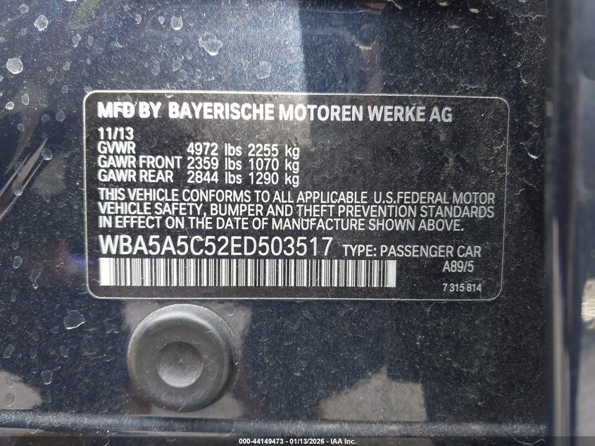 2014 BMW 528I VIN: WBA5A5C52ED503517 Lot: 44149473