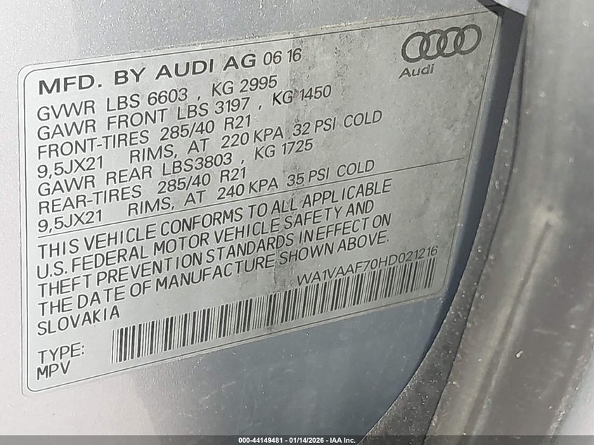 2017 Audi Q7 3.0T Premium VIN: WA1VAAF70HD021216 Lot: 44149481