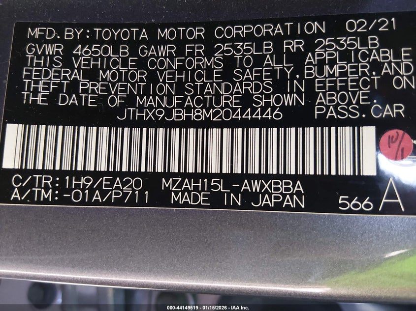 VIN JTHX9JBH8M2044446 2021 LEXUS UX 250H