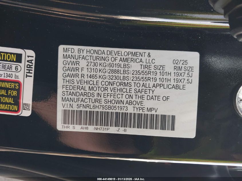 2025 Honda Odyssey - 5FNRL6H79SB051973