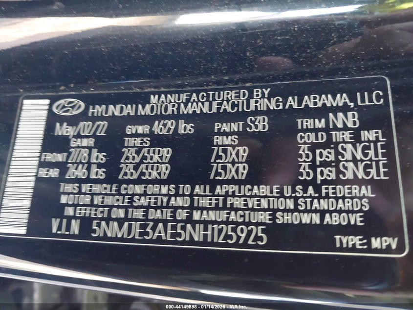 2022 Hyundai Tucson Limited VIN: 5NMJE3AE5NH125925 Lot: 44149898