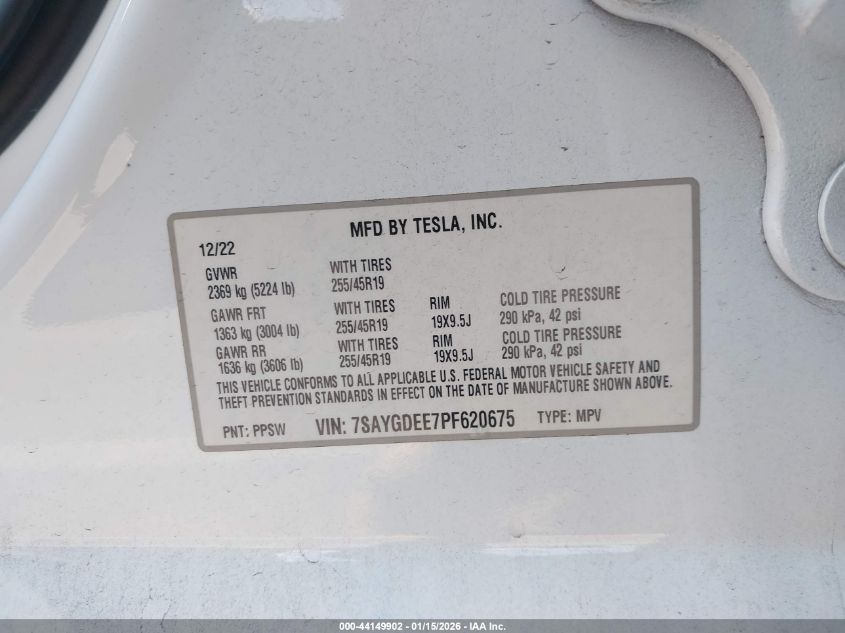 2023 Tesla Model Y VIN: 7SAYGDEE7PF620675 Lot: 44149902