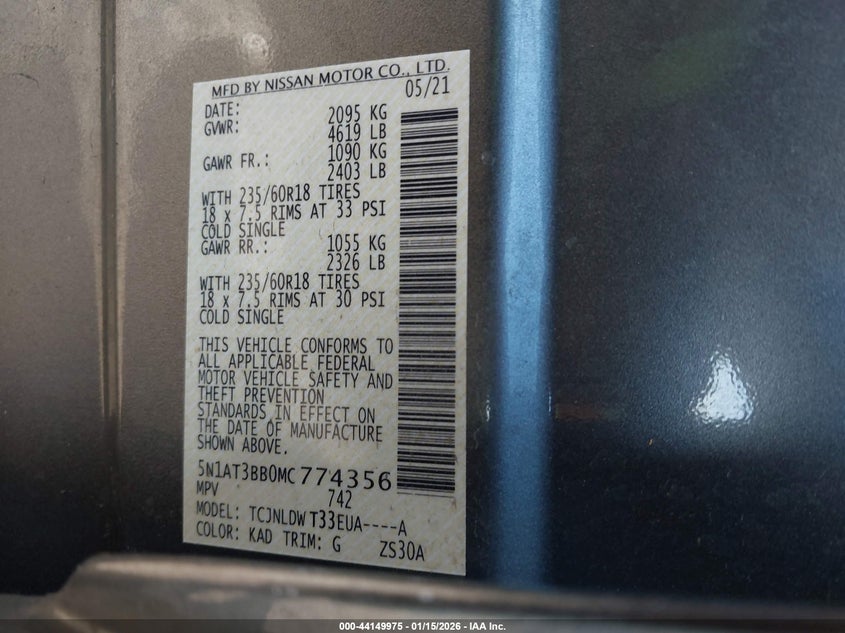 VIN 5N1AT3BB0MC774356 2021 NISSAN ROGUE SV INTELLIGENT AWD