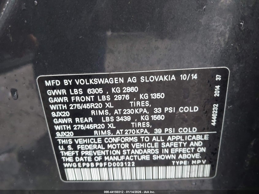 2015 Volkswagen Touareg Tdi Executive VIN: WVGEP9BP9FD003122 Lot: 44150312