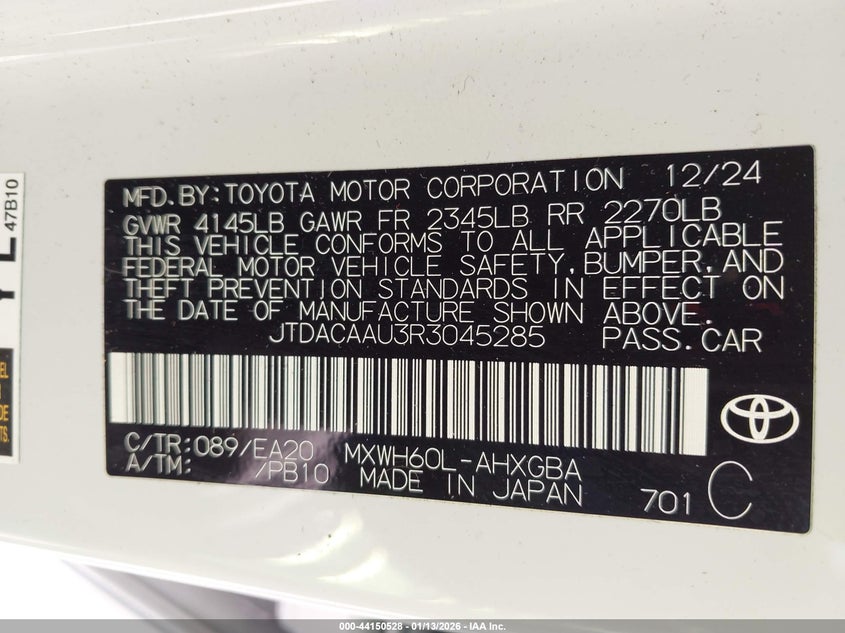 VIN JTDACAAU3R3045285 2024 TOYOTA PRIUS XLE
