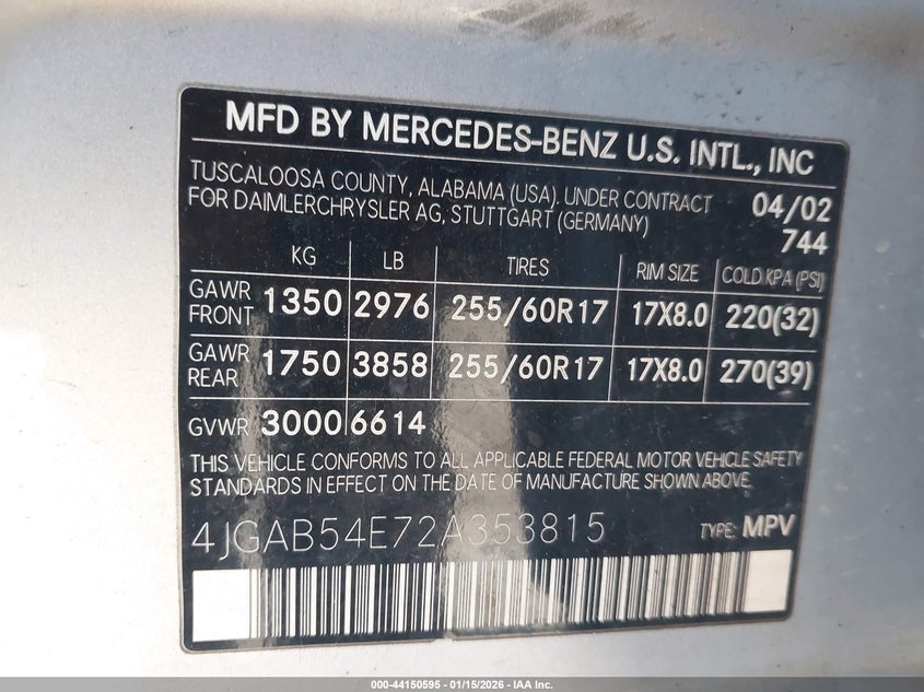 2002 Mercedes-Benz Ml 320 VIN: 4JGAB54E72A353815 Lot: 44150595