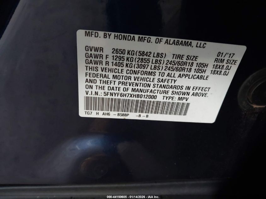 2017 Honda Pilot Ex-L VIN: 5FNYF6H7XHB012000 Lot: 44150605