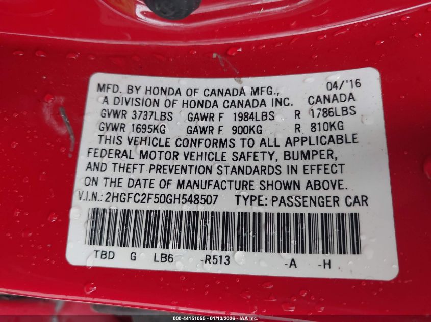 2016 Honda Civic Lx VIN: 2HGFC2F50GH548507 Lot: 44151055