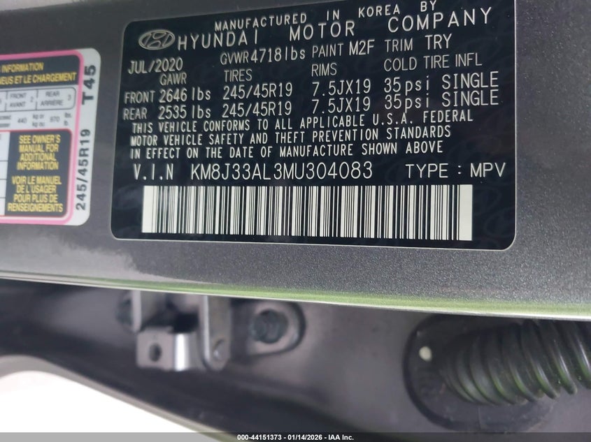 VIN KM8J33AL3MU304083 2021 HYUNDAI TUCSON SPORT