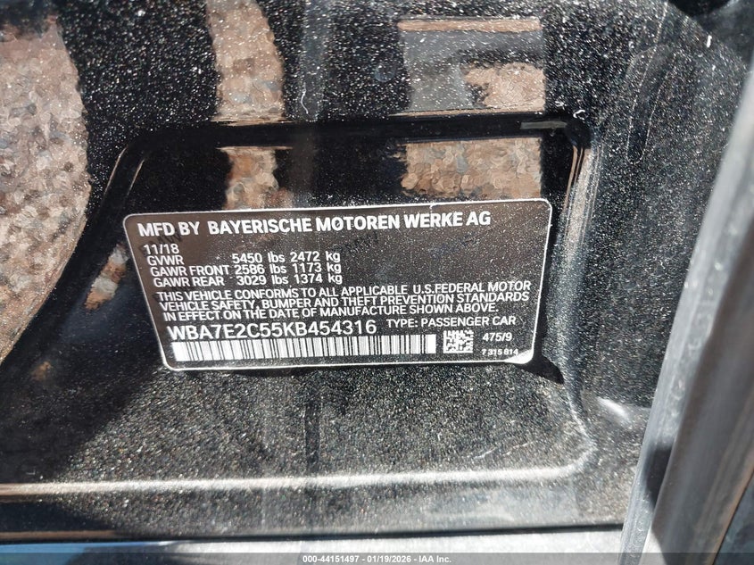 2019 BMW 740I VIN: WBA7E2C55KB454316 Lot: 44151497