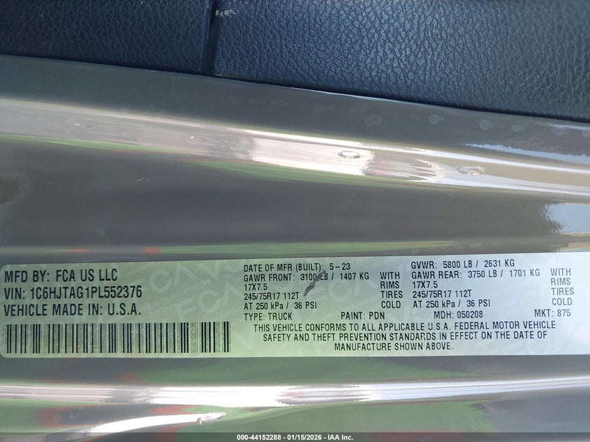 VIN 1C6HJTAG1PL552376 2023 JEEP GLADIATOR SPORT 4X4
