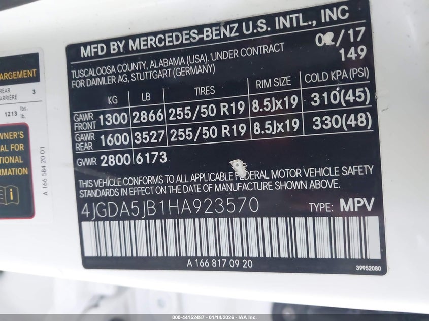 VIN 4JGDA5JB1HA923570 2017 MERCEDES-BENZ GLE 350