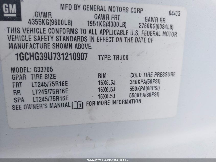 2003 Chevrolet Express VIN: 1GCHG39U731210907 Lot: 44152521